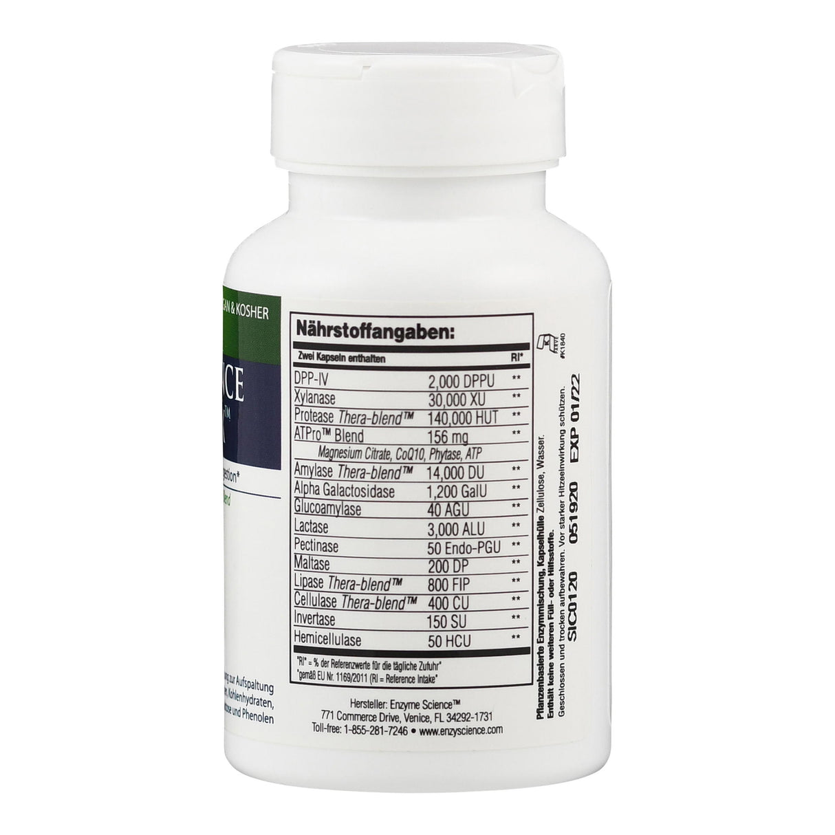 Flasche mit Nährstoffangaben für Enzyme. Enthält DPP-IV, Xylanase, Protease, ATPo, Amylase, Alpha Galactosidase, Lactase, Lipase.