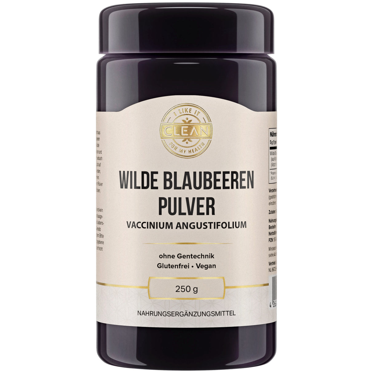Ein Behälter mit der Aufschrift "Wilde Blaubeeren Pulver". Das Etikett zeigt, dass es sich um ein gentechnikfreies, glutenfreies und veganes Produkt handelt. Der Behälter hat ein Fassungsvermögen von 250 g und ist als Nahrungsergänzungsmittel gekennzeichnet. Das Design ist schlicht und informativ, mit einem goldenen Logo oben auf dem Etikett.