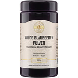 Ein Behälter mit der Aufschrift "Wilde Blaubeeren Pulver". Das Etikett zeigt, dass es sich um ein gentechnikfreies, glutenfreies und veganes Produkt handelt. Der Behälter hat ein Fassungsvermögen von 250 g und ist als Nahrungsergänzungsmittel gekennzeichnet. Das Design ist schlicht und informativ, mit einem goldenen Logo oben auf dem Etikett.