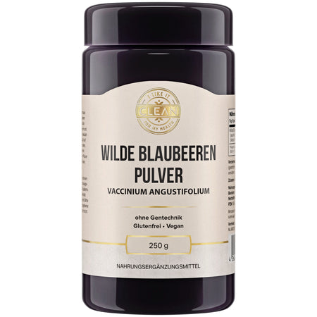 Ein Behälter mit der Aufschrift "Wilde Blaubeeren Pulver". Das Etikett zeigt, dass es sich um ein gentechnikfreies, glutenfreies und veganes Produkt handelt. Der Behälter hat ein Fassungsvermögen von 250 g und ist als Nahrungsergänzungsmittel gekennzeichnet. Das Design ist schlicht und informativ, mit einem goldenen Logo oben auf dem Etikett.