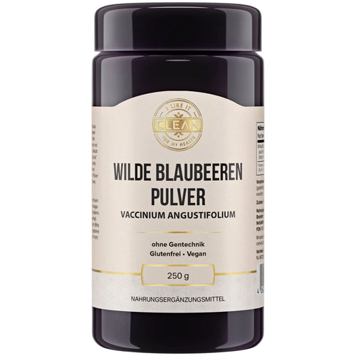Ein Behälter mit der Aufschrift "Wilde Blaubeeren Pulver". Das Etikett zeigt, dass es sich um ein gentechnikfreies, glutenfreies und veganes Produkt handelt. Der Behälter hat ein Fassungsvermögen von 250 g und ist als Nahrungsergänzungsmittel gekennzeichnet. Das Design ist schlicht und informativ, mit einem goldenen Logo oben auf dem Etikett.