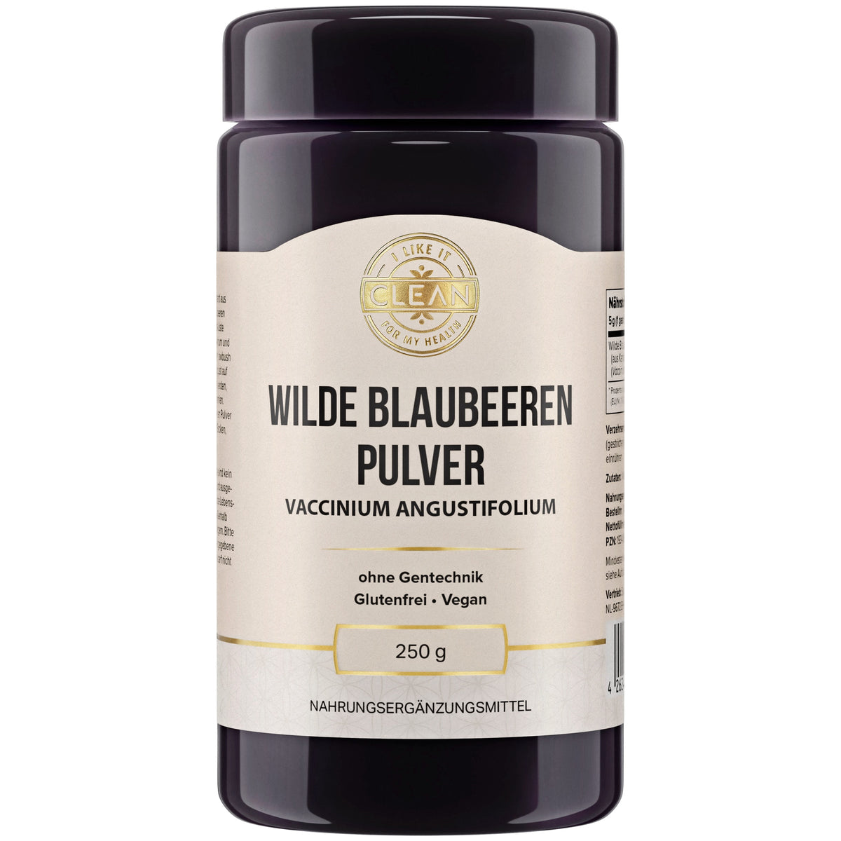 Ein Behälter mit der Aufschrift "Wilde Blaubeeren Pulver". Das Etikett zeigt, dass es sich um ein gentechnikfreies, glutenfreies und veganes Produkt handelt. Der Behälter hat ein Fassungsvermögen von 250 g und ist als Nahrungsergänzungsmittel gekennzeichnet. Das Design ist schlicht und informativ, mit einem goldenen Logo oben auf dem Etikett.