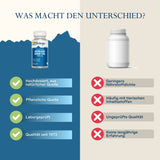 Das Bild zeigt einen Vergleich zwischen zwei Produkten: links ein Solaray Borage Seed Oil Fläschchen, rechts eine generische weiße Flasche. Links werden die Vorteile von Solaray aufgelistet: hochdosiert aus natürlicher Quelle, pflanzliche Quelle, laborgeprüft, Qualität seit 1973. Rechts werden die Nachteile des generischen Produkts aufgeführt: geringere Nährstoffdichte, häufig mit tierischen Inhaltsstoffen, ungeprüfte Qualität, keine langjährige Erfahrung. Der Hintergrund ist zweifarbig, links blau, rechts 