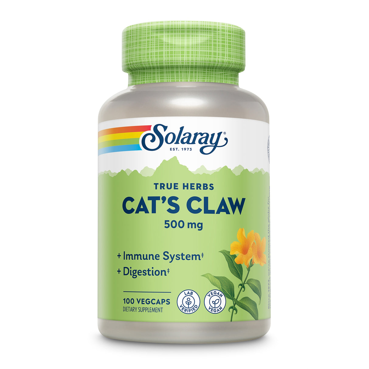 Grüne Flasche von Solaray mit "Cat's Claw" 500 mg, 100 Vegcaps. Unterstützt Immunsystem und Verdauung. Vegan und laborgeprüft.