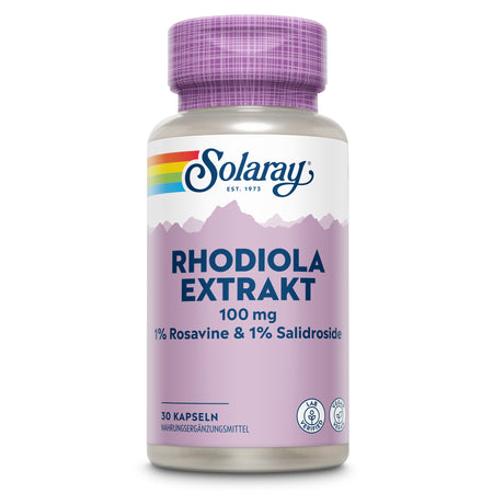 Eine Flasche Solaray Rhodiola Extrakt mit 100 mg, 1% Rosavine und 1% Salidroside. Die Flasche hat ein lila Etikett mit dem Solaray-Logo oben. Sie enthält 30 Kapseln und ist als Nahrungsergänzungsmittel gekennzeichnet.