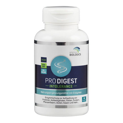 Weiße Flasche mit Etikett 'PRO DIGEST INTOLERANCE', Nahrungsergänzungsmittel von American Biologics, vegan, non-GMO, 90 Kapseln.