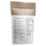 Die Abbildung zeigt eine Packung mit dem Produktnamen 'Himalayan Tartary Buckwheat Sprout Powder' auf der Vorderseite. Die Verpackung ist beige und hat einen weißen Aufkleber mit Informationen zur Anwendung, Lagerung und Nährwertangaben. Auf der linken Seite sind die Vorteile des Produkts wie 'Immune Performance', 'Gut Health' und 'Microbiome Support' aufgelistet. Der Aufkleber enthält auch Symbole für 'Grain-Free', 'Gluten-Free' und 'Vegetarian'.