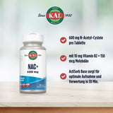 Eine Flasche KAL NAC+ 600 mg Nahrungsergänzungsmittel, 30 Tabletten. Enthält 600 mg N-Acetyl-Cystein, 10 mg Vitamin B2, 150 mcg Molybdän, ActiSorb Base.