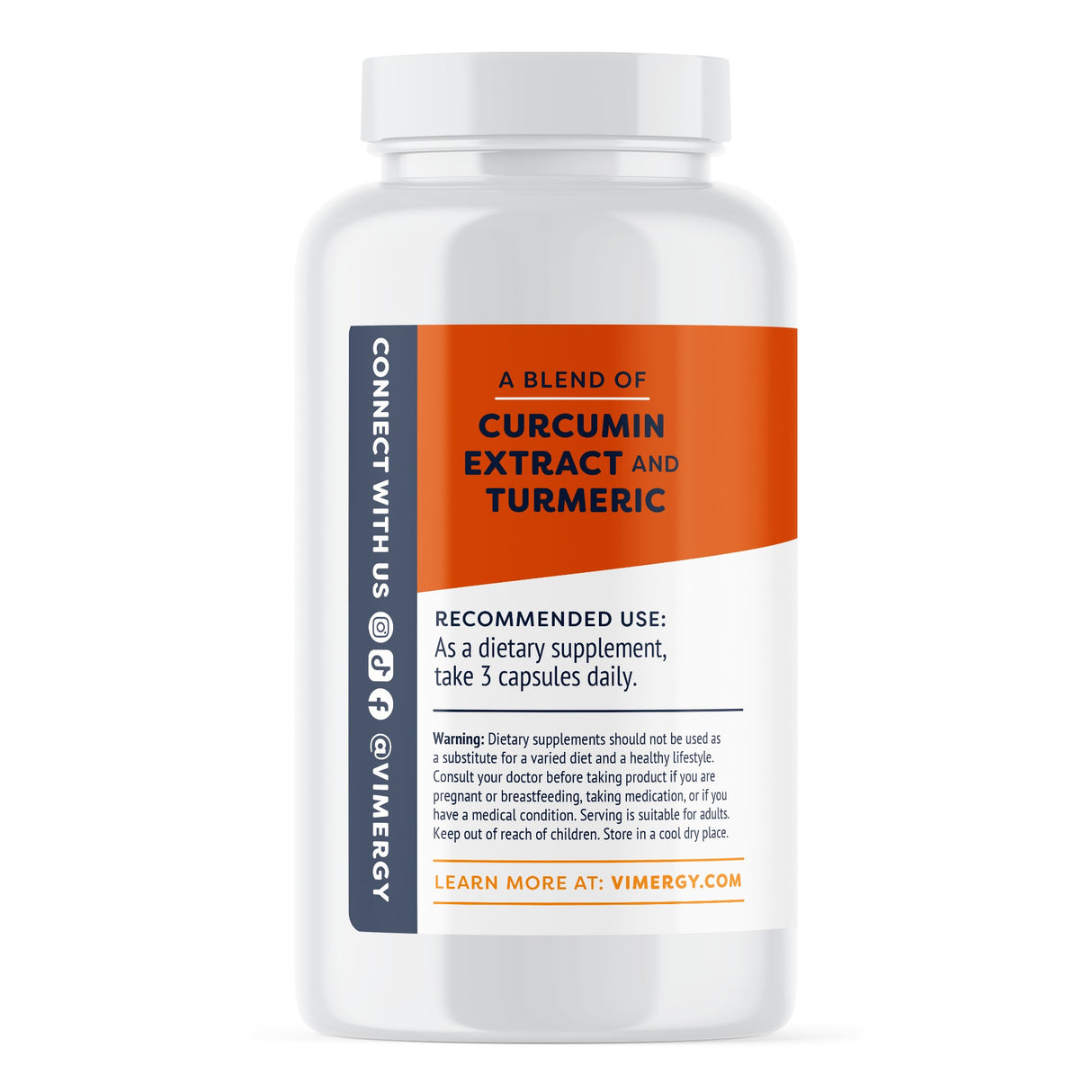 Eine weiße Flasche mit einem Etikett, das "A Blend of Curcumin Extract and Turmeric" zeigt. Empfohlene Verwendung: 3 Kapseln täglich als Nahrungsergänzungsmittel. Warnhinweise und Kontaktinformationen sind ebenfalls vorhanden.
