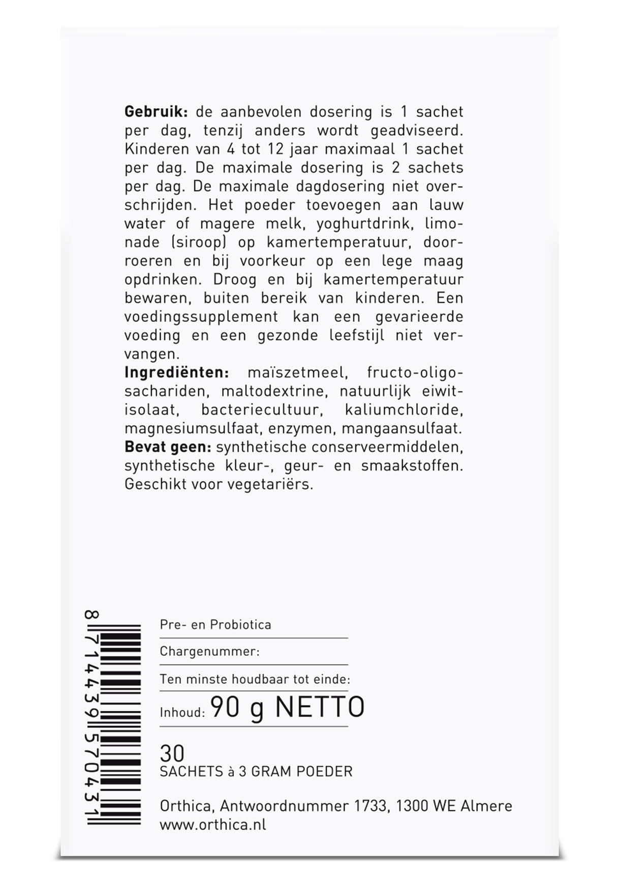 Etikett eines Nahrungsergänzungsmittels mit Gebrauchsanweisung und Inhaltsstoffen auf Niederländisch. Es enthält 30 Sachets à 3 Gramm Pulver. Das Produkt ist für Vegetarier geeignet und enthält keine synthetischen Konservierungsstoffe. Verpackt in Almere, Niederlande.