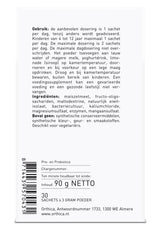 Etikett eines Nahrungsergänzungsmittels mit Gebrauchsanweisung und Inhaltsstoffen auf Niederländisch. Es enthält 30 Sachets à 3 Gramm Pulver. Das Produkt ist für Vegetarier geeignet und enthält keine synthetischen Konservierungsstoffe. Verpackt in Almere, Niederlande.