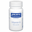 Eine weiße Plastikflasche mit blauem Etikett, auf dem 'pure encapsulations' und 'Vitamin A Retinylacetat' steht. Die Flasche ist zylindrisch und hat einen weißen Schraubdeckel. Sie enthält Nahrungsergänzungsmittel und ist für eine gesunde Ernährung gedacht.