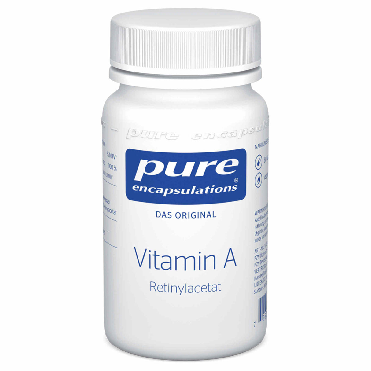 Eine weiße Plastikflasche mit blauem Etikett, auf dem 'pure encapsulations' und 'Vitamin A Retinylacetat' steht. Die Flasche ist zylindrisch und hat einen weißen Schraubdeckel. Sie enthält Nahrungsergänzungsmittel und ist für eine gesunde Ernährung gedacht.