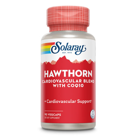 Eine Flasche Solaray Hawthorn Cardiovascular Blend mit CoQ10, 90 Vegcaps, Nahrungsergänzungsmittel für Herzunterstützung.