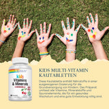 Das Bild zeigt drei Kinderhände mit bunten, fröhlich bemalten Gesichtern, die auf grünem Gras liegen. Rechts unten ist eine Verpackung von Solaray Kids Multi-Vitamin Kautabletten abgebildet mit Text: 'Diese Kautablette enthält Nährstoffe in einer ausgewogenen Dosierung für die Grundversorgung von Kindern. Das Präparat umfasst alle Vitamine, Mineralstoffe und Spurenelemente, die für ein gesundes Wachstum und eine gute Entwicklung nötig sind.'
