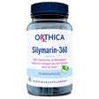 Eine Flasche mit dem Etikett 'ORTHICA Silymarin-360', die 90 vegane Kapseln enthält. Das Etikett zeigt, dass das Produkt 80% Silymarin aus Mariendistel enthält und zur Reinigung des Körpers durch die Leber beiträgt. Es ist ein Nahrungsergänzungsmittel und als vegan gekennzeichnet.