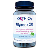 Eine Flasche mit dem Etikett 'ORTHICA Silymarin-360', die 90 vegane Kapseln enthält. Das Etikett zeigt, dass das Produkt 80% Silymarin aus Mariendistel enthält und zur Reinigung des Körpers durch die Leber beiträgt. Es ist ein Nahrungsergänzungsmittel und als vegan gekennzeichnet.