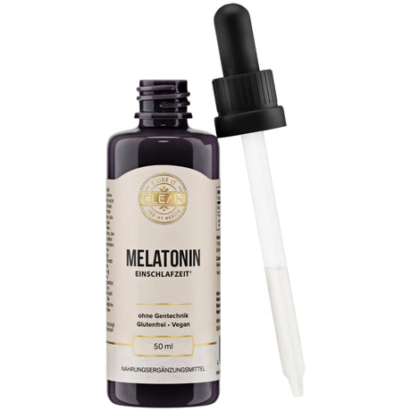 Eine dunkelviolette Flasche mit einem Etikett, das "Clean" und "Melatonin Einschlafzeit" zeigt. Die Flasche hat einen schwarzen Schraubverschluss und eine Pipette daneben. Das Etikett informiert über gentechnikfreie, glutenfreie und vegane Inhaltsstoffe. Die Flasche enthält 50 ml Nahrungsergänzungsmittel.
