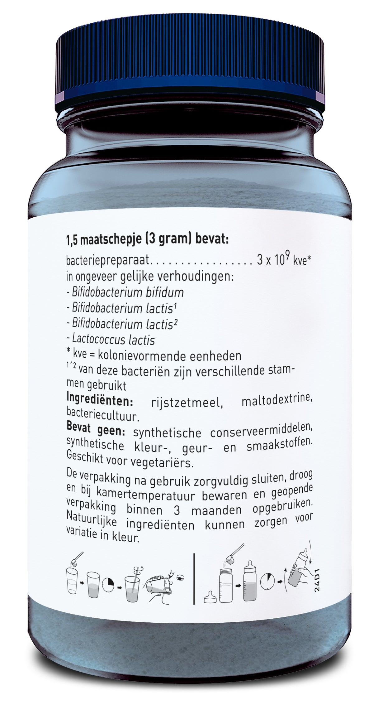 Das Bild zeigt eine blaue Plastikflasche mit einem Etikett in niederländischer Sprache. Auf dem Etikett sind Informationen zu einem Bakterienpräparat abgedruckt. Es enthält Angaben zu den Inhaltsstoffen, darunter verschiedene Bifidobakterien und Laktokokken, sowie Hinweise zur Lagerung und Verwendung. Am unteren Rand des Etiketts sind Illustrationen zur Anwendung des Produkts abgebildet.