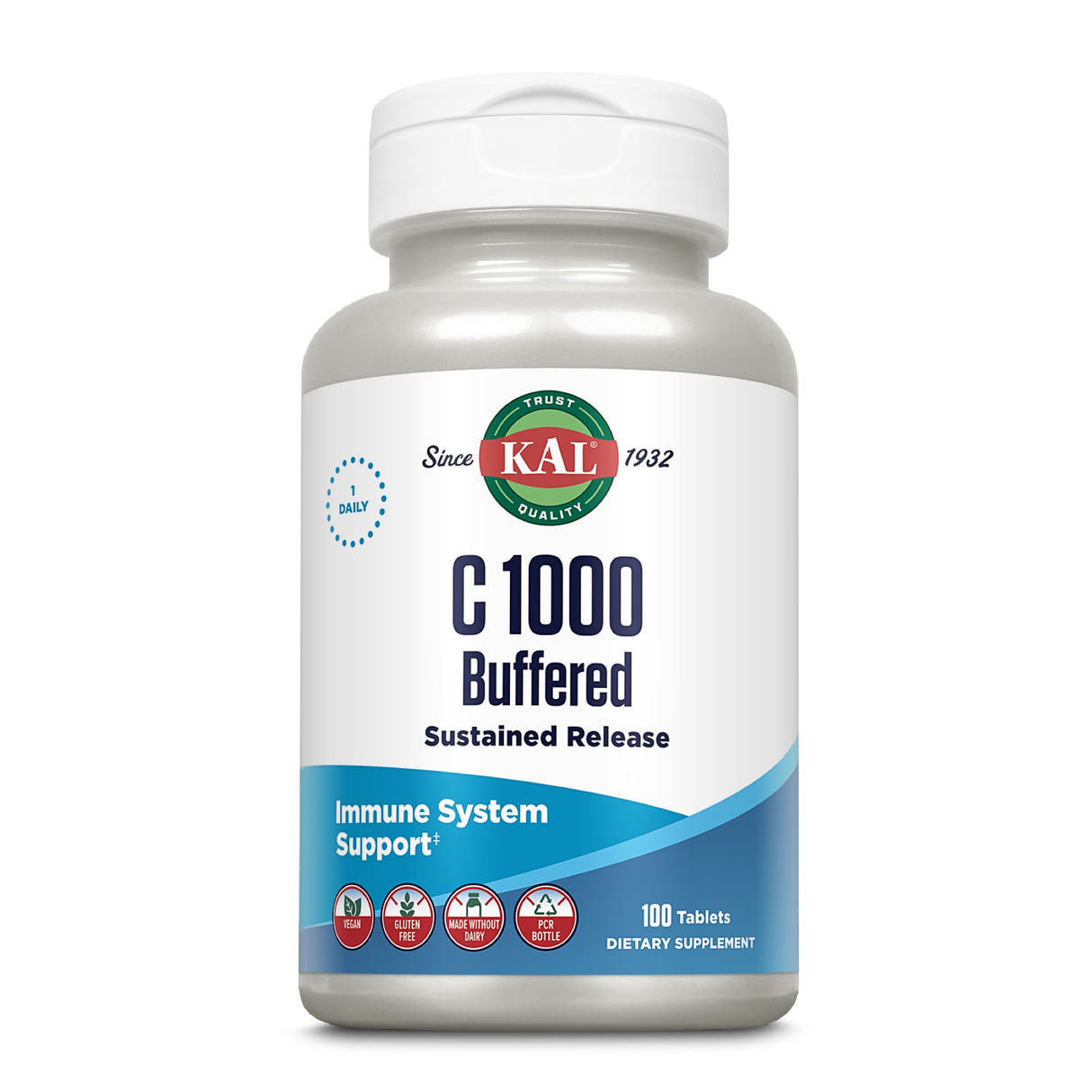 Vitamin C 1000 mg Tablettenflasche von KAL, gepuffert, für Immunsystemunterstützung, 100 Tabletten, vegan, glutenfrei.