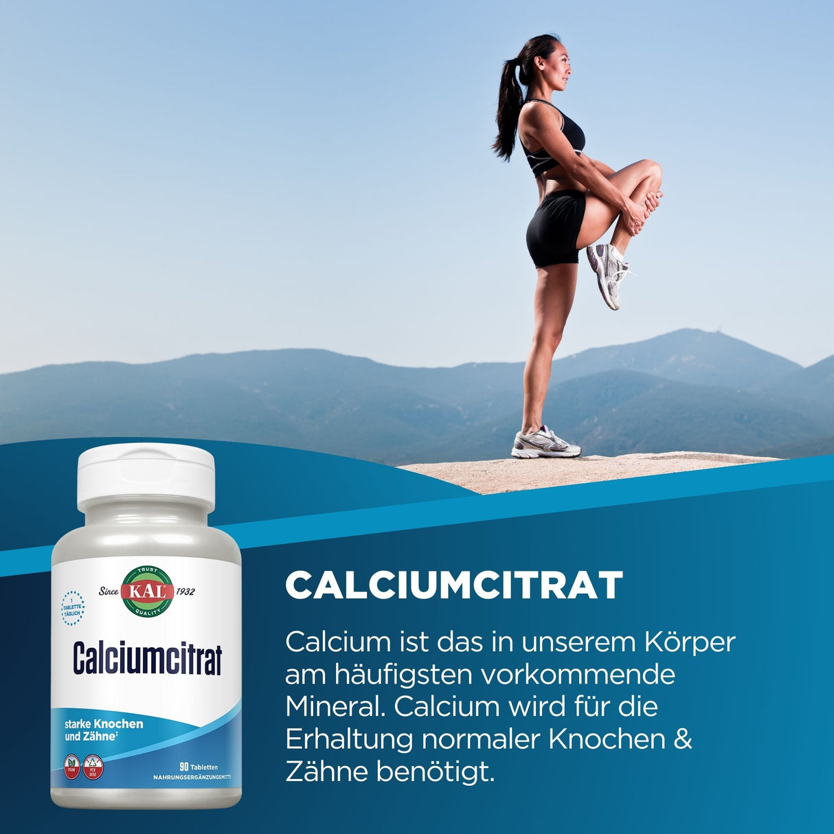 Frau in Sportkleidung dehnt sich auf einem Berg, daneben eine Flasche Calciumcitrat. Text beschreibt die Bedeutung von Calcium für Knochen und Zähne.