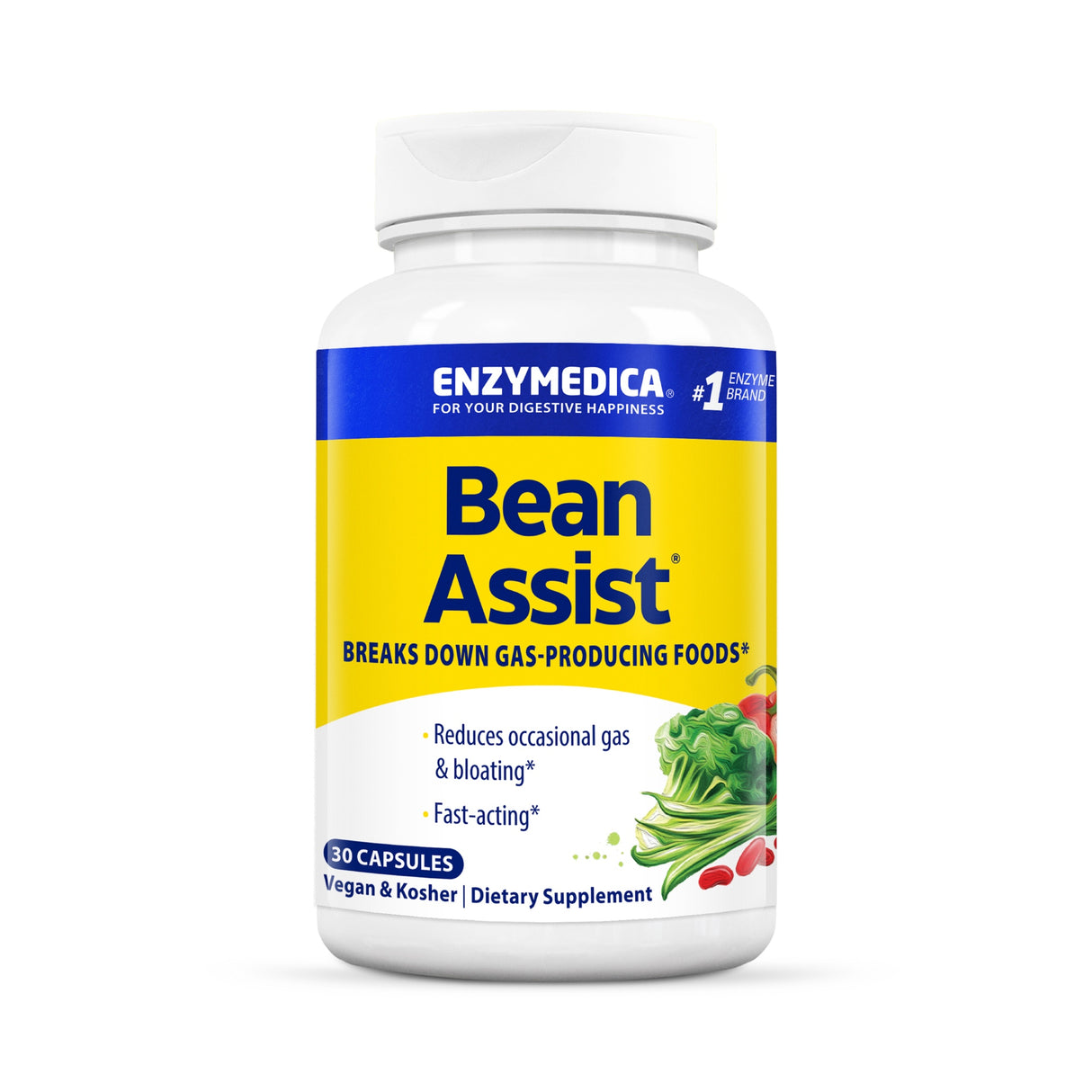 Das Bild zeigt eine weiße Flasche mit einem gelben Etikett, auf dem "Bean Assist" steht. Es handelt sich um ein Nahrungsergänzungsmittel von Enzymedica, das Blähungen reduziert. Die Flasche enthält 30 Kapseln und ist vegan und koscher.