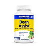 Das Bild zeigt eine weiße Flasche mit einem gelben Etikett, auf dem "Bean Assist" steht. Es handelt sich um ein Nahrungsergänzungsmittel von Enzymedica, das Blähungen reduziert. Die Flasche enthält 30 Kapseln und ist vegan und koscher.