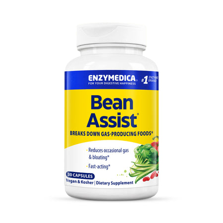 Das Bild zeigt eine weiße Flasche mit einem gelben Etikett, auf dem "Bean Assist" steht. Es handelt sich um ein Nahrungsergänzungsmittel von Enzymedica, das Blähungen reduziert. Die Flasche enthält 30 Kapseln und ist vegan und koscher.