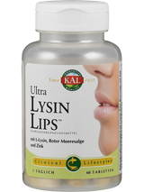 Das Bild zeigt eine Plastikflasche mit einem weißen Schraubverschluss. Auf dem Etikett steht 'Ultra Lysin Lips' von der Marke KAL. Darunter sind die Inhaltsstoffe L-Lysin, Rote Meeresalge und Zink aufgeführt. Auf der rechten Seite des Etiketts ist ein Teil eines Gesichts mit geschlossenen Lippen zu sehen. Die Flasche enthält 60 Tabletten und ist als Nahrungsergänzungsmittel gekennzeichnet.