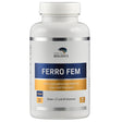 Eine weiße Plastikflasche mit einem Etikett, auf dem "Ferro Fem" steht. Es handelt sich um ein Nahrungsergänzungsmittel von American Biologics, das Eisen, Vitamin C und B-Vitamine enthält. Die Flasche hat eine Kapazität von 90 Kapseln und ist als vegan und gentechnikfrei gekennzeichnet.