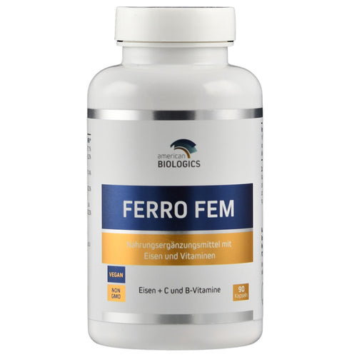 Eine weiße Plastikflasche mit einem Etikett, auf dem "Ferro Fem" steht. Es handelt sich um ein Nahrungsergänzungsmittel von American Biologics, das Eisen, Vitamin C und B-Vitamine enthält. Die Flasche hat eine Kapazität von 90 Kapseln und ist als vegan und gentechnikfrei gekennzeichnet.