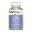 Das Bild zeigt eine Flasche des Nahrungsergänzungsmittels Solaray MSM mit Kurkuma, Boswellia und Teufelskralle. Die Flasche ist in Blau und Weiß gehalten und hat einen Regenbogenstreifen oben. Der Text auf der Flasche beschreibt die Inhaltsstoffe und die Dosierung von 750 mg für die Unterstützung von Knochen- und Gelenkgesundheit. Die Flasche enthält 90 VegCaps.