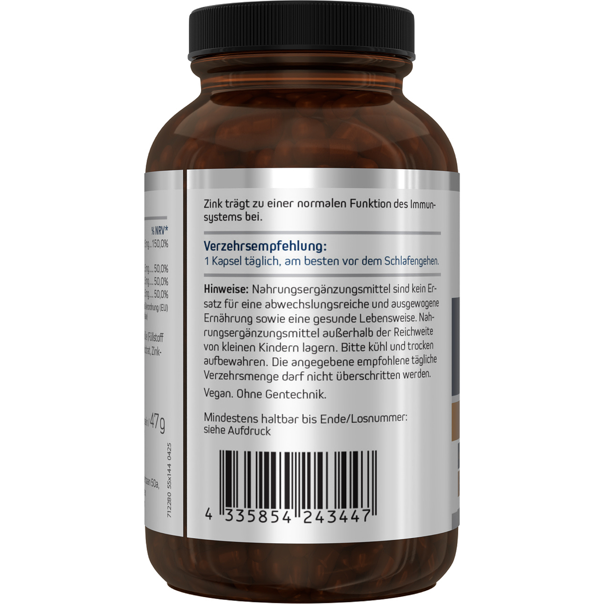 Eine weiße Plastikflasche mit dem Etikett 'Zink Aktiv 15' von American Biologics. Die Flasche enthält Nahrungsergänzungsmittel mit Zink. Auf dem Etikett sind Informationen über die Inhaltsstoffe und Hinweise wie 'Vegan' und 'Non GMO' abgebildet. Vor der Flasche liegen mehrere weiße Kapseln.