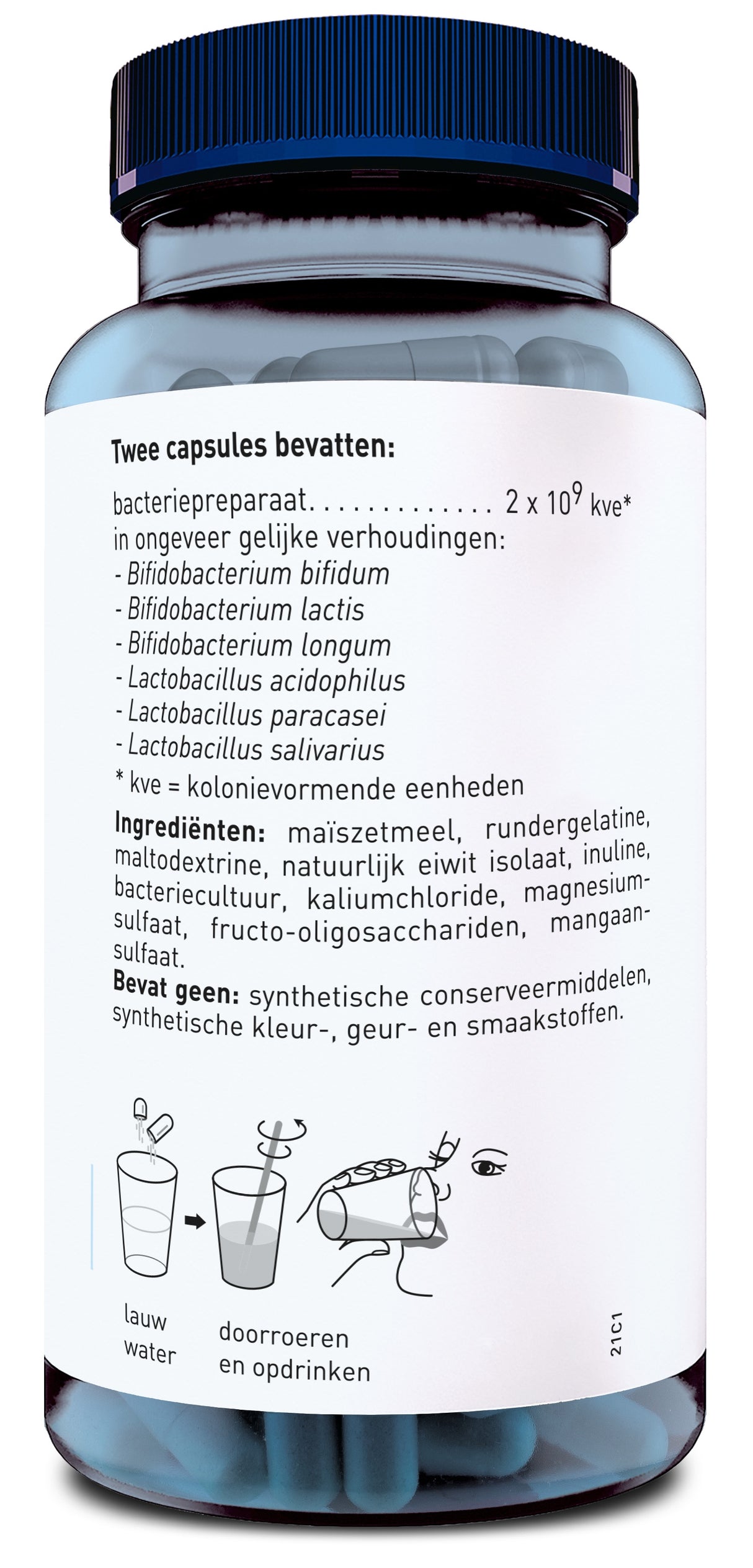 Ein Glasbehälter mit blauen Kapseln und einem weißen Etikett. Auf dem Etikett steht eine Liste von Bakterienarten und Zutaten auf Niederländisch. Es gibt auch eine Illustration, die zeigt, wie man die Kapseln in Wasser auflöst und trinkt.