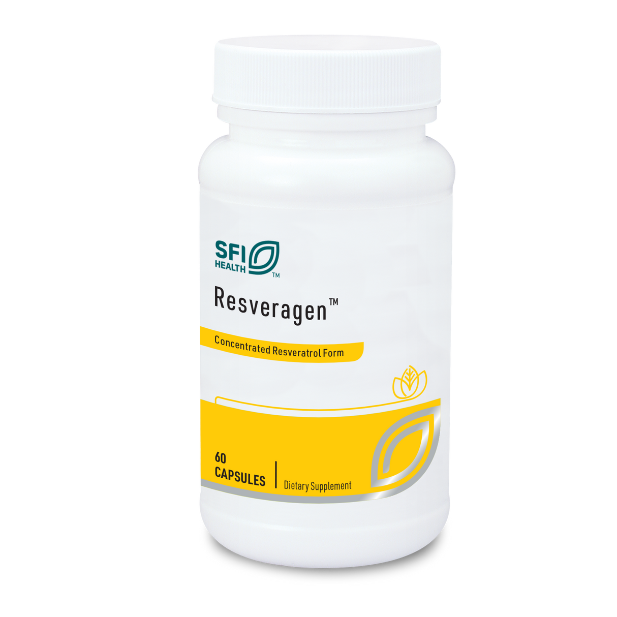 Eine weiße Plastikflasche mit dem Aufdruck 'SFI Health Resveragen' steht aufrecht. Das Etikett ist hauptsächlich weiß mit gelben Akzenten und enthält die Worte 'Concentrated Resveratrol Form', '60 Capsules' und 'Dietary Supplement'. Ein stilisiertes Blatt-Logo ist ebenfalls sichtbar.