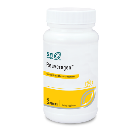 Eine weiße Plastikflasche mit dem Aufdruck 'SFI Health Resveragen' steht aufrecht. Das Etikett ist hauptsächlich weiß mit gelben Akzenten und enthält die Worte 'Concentrated Resveratrol Form', '60 Capsules' und 'Dietary Supplement'. Ein stilisiertes Blatt-Logo ist ebenfalls sichtbar.