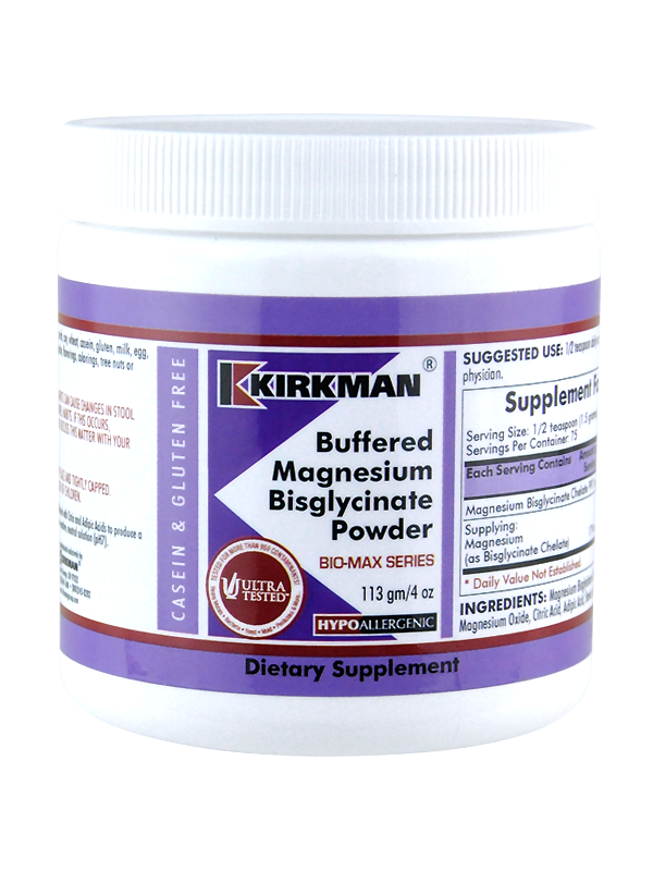 Ein weißer Behälter mit lila Etikett von Kirkman, das "Buffered Magnesium Bisglycinate Powder" anzeigt. Das Etikett enthält Informationen zur Dosierung und Inhaltsstoffen. Der Behälter ist als hypoallergen und glutenfrei gekennzeichnet.