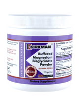 Ein weißer Behälter mit lila Etikett von Kirkman, das "Buffered Magnesium Bisglycinate Powder" anzeigt. Das Etikett enthält Informationen zur Dosierung und Inhaltsstoffen. Der Behälter ist als hypoallergen und glutenfrei gekennzeichnet.