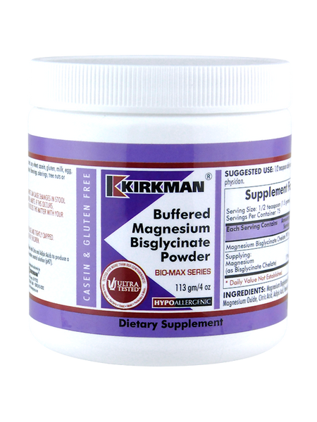 Ein weißer Behälter mit lila Etikett von Kirkman, das "Buffered Magnesium Bisglycinate Powder" anzeigt. Das Etikett enthält Informationen zur Dosierung und Inhaltsstoffen. Der Behälter ist als hypoallergen und glutenfrei gekennzeichnet.