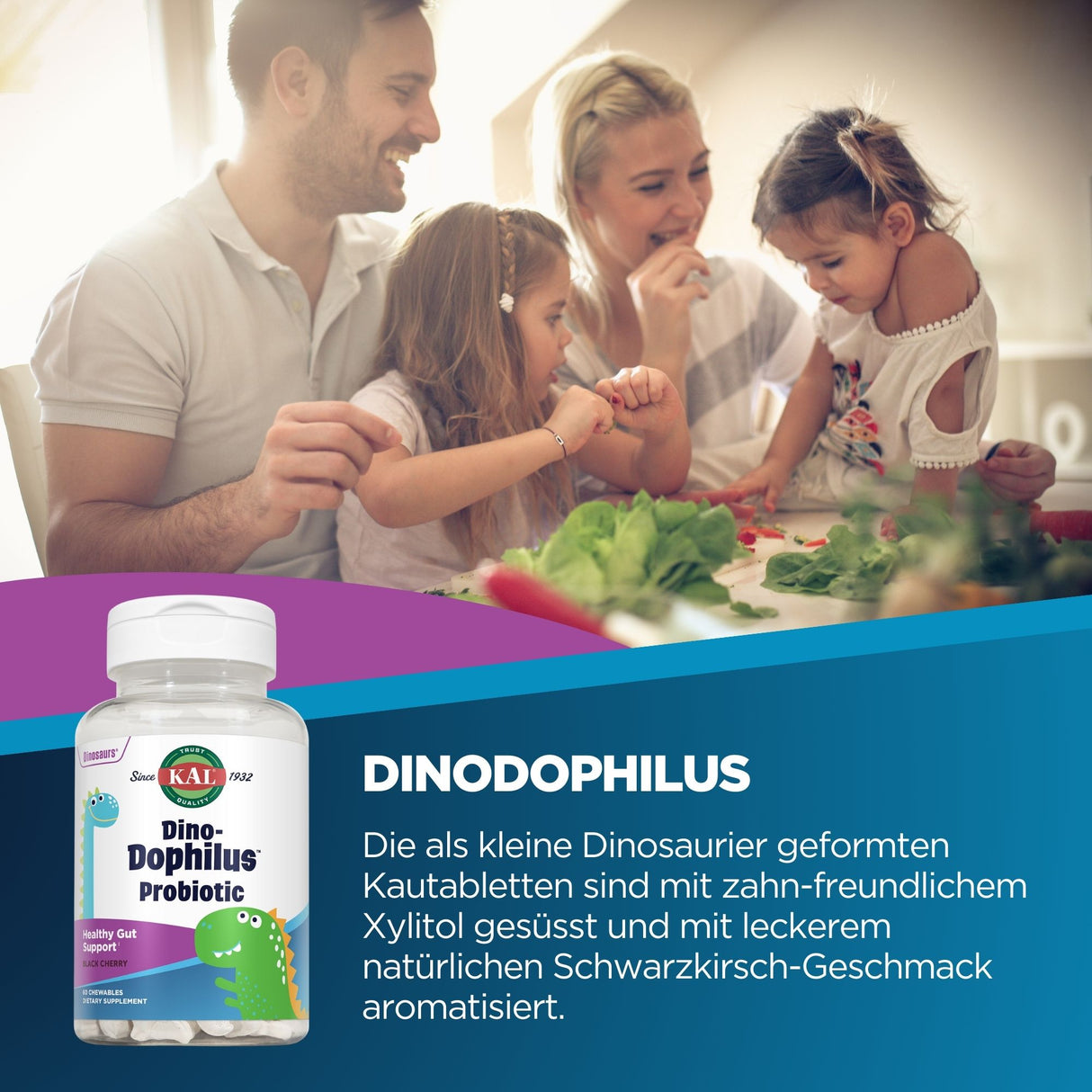 Familie am Tisch lächelt, während Kinder Gemüse essen. Produktflasche mit Dino-Thema und Text über probiotische Kautabletten im Vordergrund.