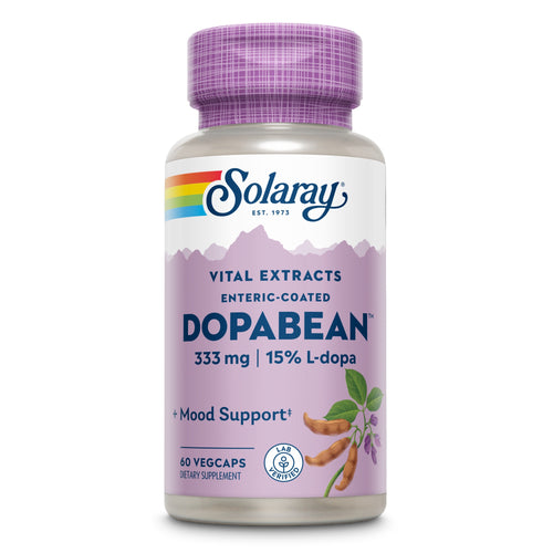 Flasche mit lila Etikett 'Solaray DOPABEAN', 333 mg, 15% L-dopa, 60 VegCaps, Nahrungsergänzungsmittel für Stimmung.