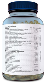 Das Bild zeigt eine durchsichtige Flasche mit einem blauen Schraubdeckel, die mit Softgel-Kapseln gefüllt ist. Auf dem Etikett sind die Inhaltsstoffe und Nährwerte aufgelistet, darunter verschiedene Vitamine und Mineralien. Die Flasche stammt von Merck KGaA, Darmstadt, Deutschland.