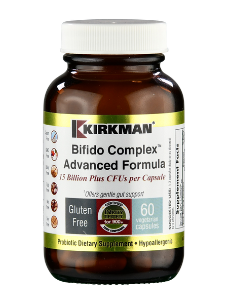 Das Bild zeigt eine braune Flasche mit einem weißen Etikett. Auf dem Etikett steht "Kirkman Bifido Complex Advanced Formula". Die Flasche enthält 60 vegetarische Kapseln und bietet 15 Milliarden CFUs pro Kapsel. Es ist glutenfrei, GVO-frei und milchfrei. Die Flasche ist für probiotische Nahrungsergänzungsmittel gedacht und hypoallergen.