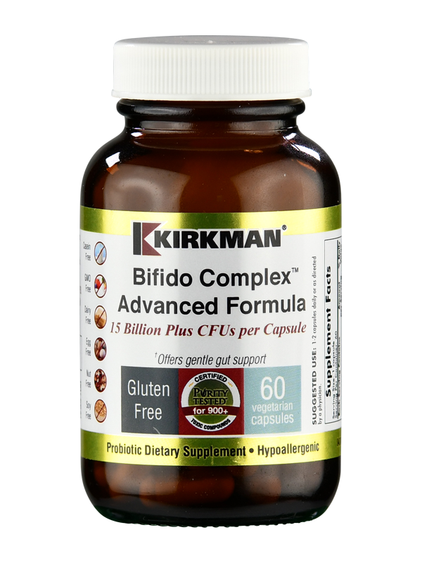 Das Bild zeigt eine braune Flasche mit einem weißen Etikett. Auf dem Etikett steht "Kirkman Bifido Complex Advanced Formula". Die Flasche enthält 60 vegetarische Kapseln und bietet 15 Milliarden CFUs pro Kapsel. Es ist glutenfrei, GVO-frei und milchfrei. Die Flasche ist für probiotische Nahrungsergänzungsmittel gedacht und hypoallergen.