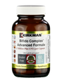 Das Bild zeigt eine braune Flasche mit einem weißen Etikett. Auf dem Etikett steht "Kirkman Bifido Complex Advanced Formula". Die Flasche enthält 60 vegetarische Kapseln und bietet 15 Milliarden CFUs pro Kapsel. Es ist glutenfrei, GVO-frei und milchfrei. Die Flasche ist für probiotische Nahrungsergänzungsmittel gedacht und hypoallergen.