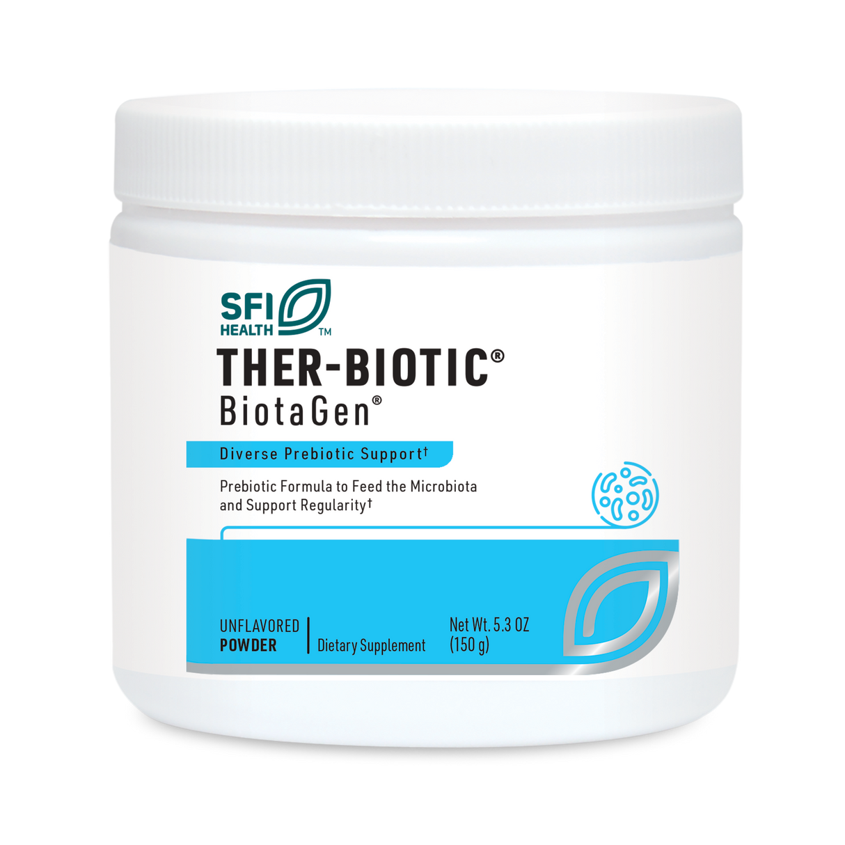 Ein weißer Behälter mit der Aufschrift 'SFI Health THER-BIOTIC BiotaGen Diverse Prebiotic Support'. Der Behälter enthält ein unaromatisiertes Pulver als Nahrungsergänzungsmittel mit 150 g Inhalt. Auf dem Etikett sind auch ein Logo und weitere Beschreibungen zu sehen.