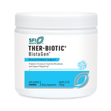 Ein weißer Behälter mit der Aufschrift 'SFI Health THER-BIOTIC BiotaGen Diverse Prebiotic Support'. Der Behälter enthält ein unaromatisiertes Pulver als Nahrungsergänzungsmittel mit 150 g Inhalt. Auf dem Etikett sind auch ein Logo und weitere Beschreibungen zu sehen.