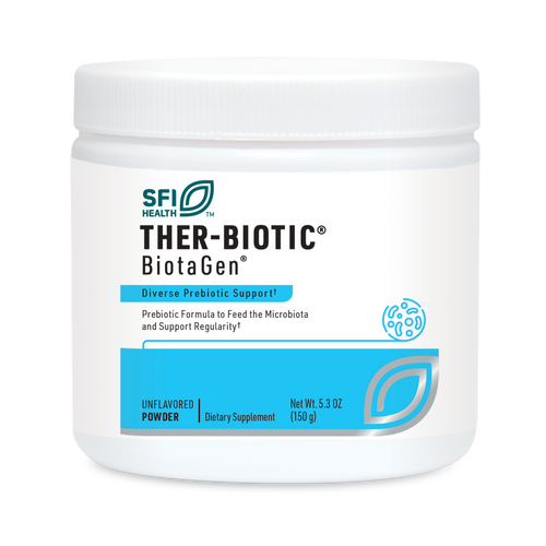 Ein weißer Behälter mit der Aufschrift 'SFI Health THER-BIOTIC BiotaGen Diverse Prebiotic Support'. Der Behälter enthält ein unaromatisiertes Pulver als Nahrungsergänzungsmittel mit 150 g Inhalt. Auf dem Etikett sind auch ein Logo und weitere Beschreibungen zu sehen.