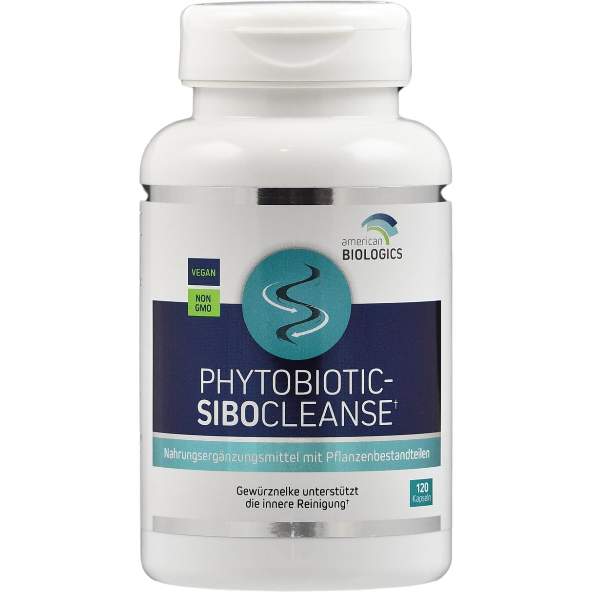 Ein weißes Kunststofffläschchen mit dem Etikett 'PHYTIOBIOTIC-SIBOCLEANSE' von American Biologics. Das Etikett zeigt Symbole für 'Vegan' und 'Non-GMO'. Enthält 120 Kapseln eines Nahrungsergänzungsmittels mit Pflanzenbestandteilen. Aufschrift: 'Gewürznelke unterstützt die innere Reinigung'.