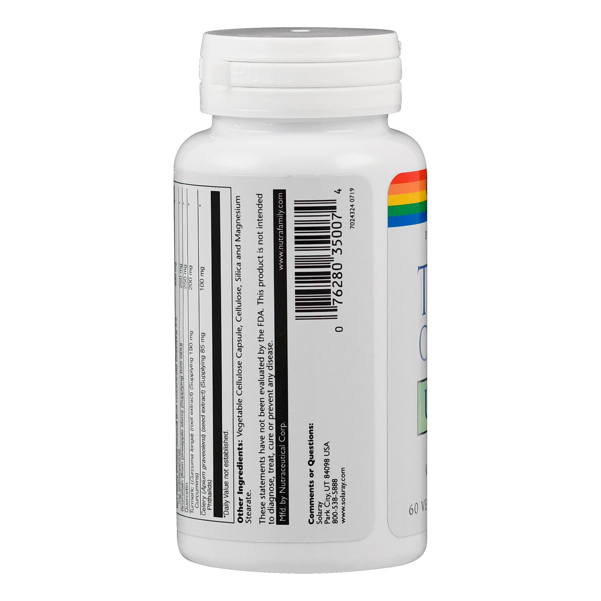 Weiße Flasche mit Etikett, Barcode und Text, darunter Zutaten und Herstellerinformationen.